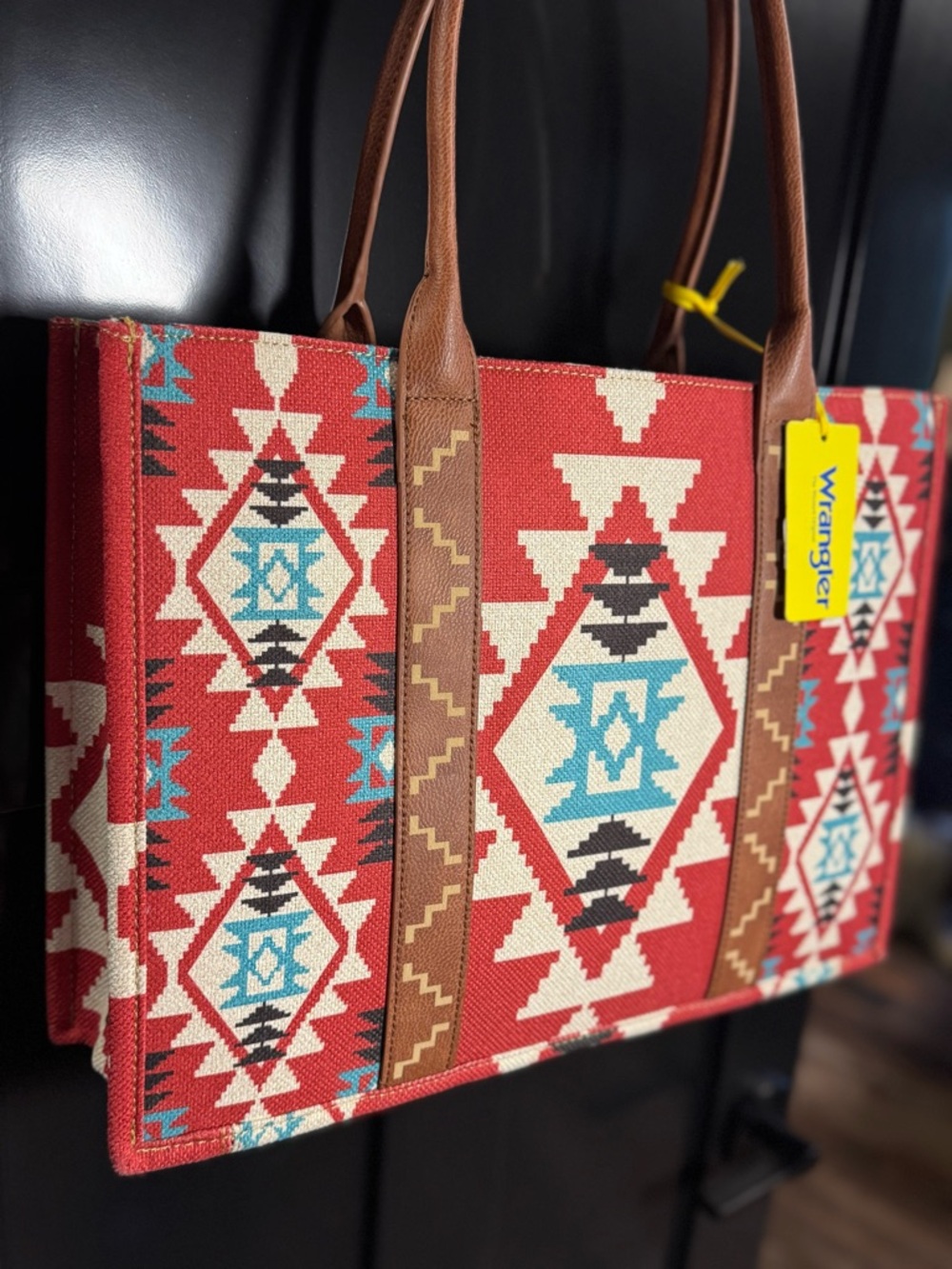 Wrangler Red Aztec Canvas Tote with Brown Leather Straps